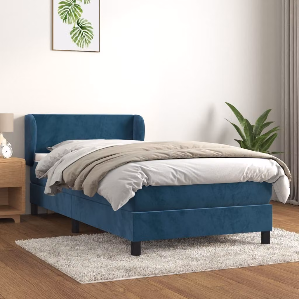 The Living Store Letto a molle con materasso blu scuro 90x200 cm in velluto