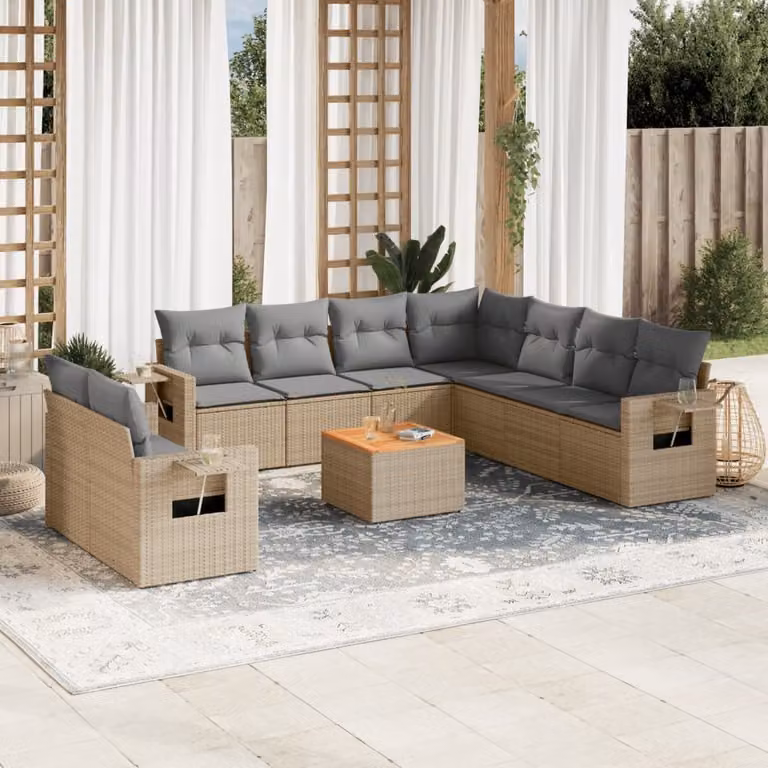vidaXL Set Divano da Giardino a L 10 pz in Polyrattan con Cuscini Beige e Tavolino da Esterno