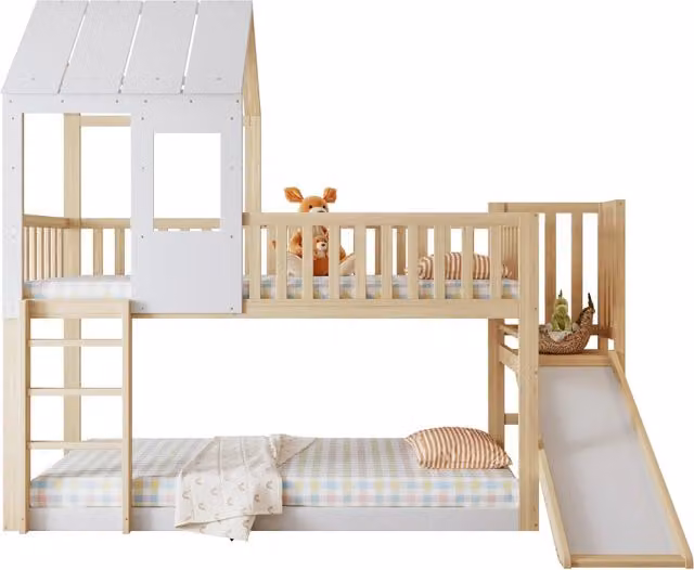 Letto a castello per bambini con scivolo, scala diritta, tetto e finestra in legno naturale e bianco, L/P/H: 90 x 200 cm
