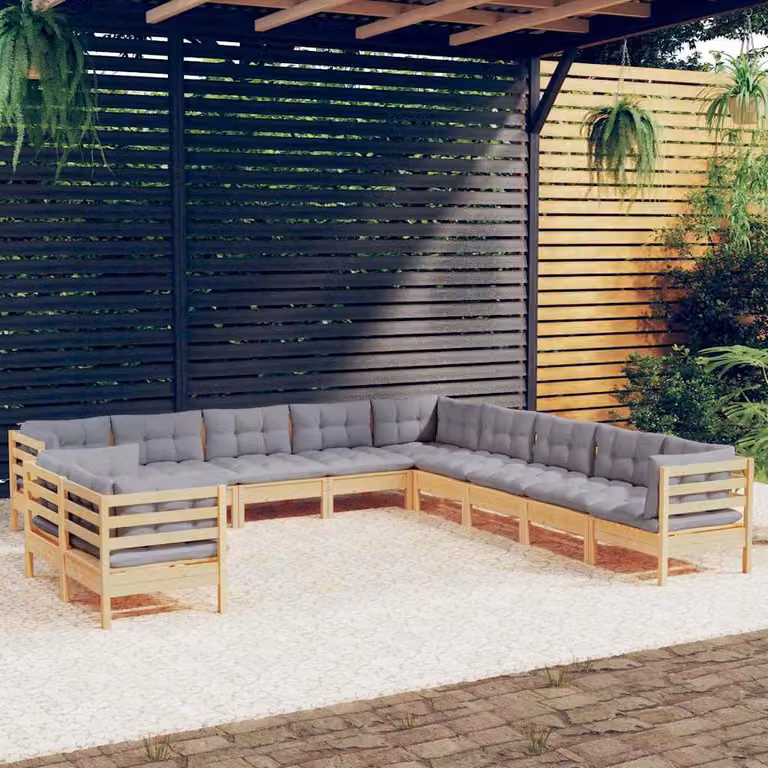 Set di divani da giardino vidaXL a forma di U in legno massello di pino con 11 pezzi e cuscini grigi