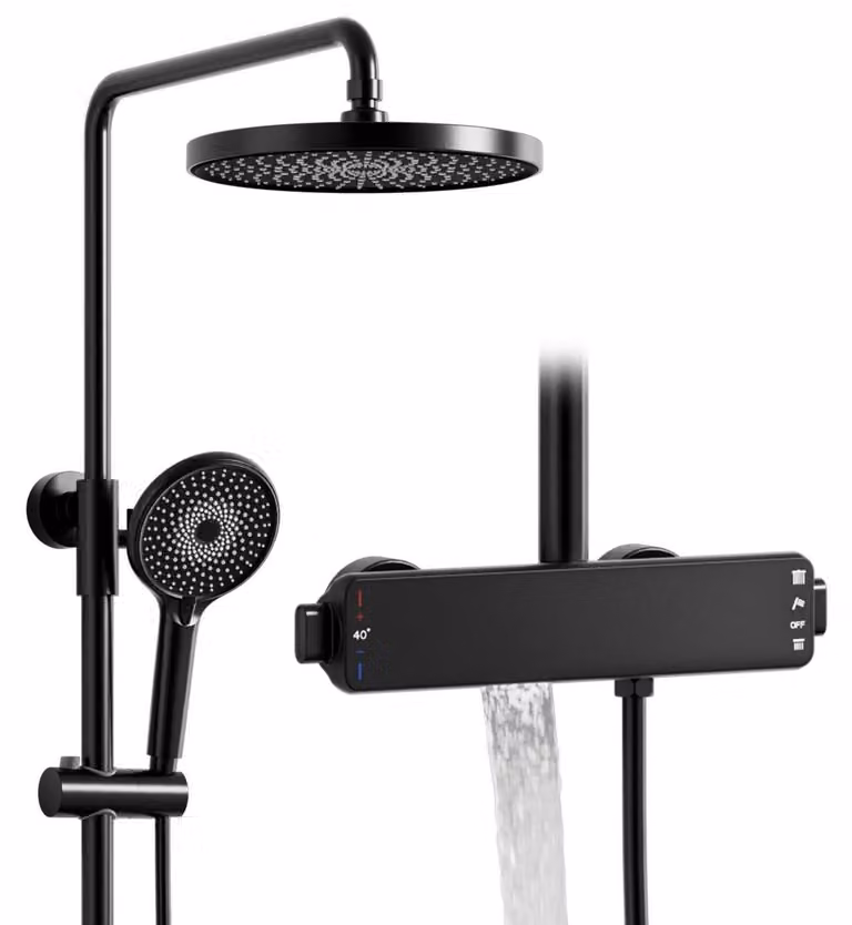 Sistema doccia con termostato, diametro 260 mm, doccia a pioggia, ottone, acciaio inossidabile, colore nero