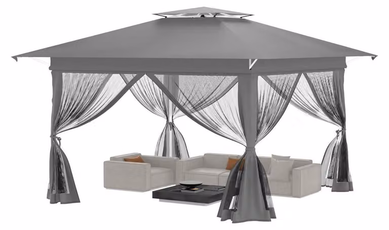 Tenda pop-up 4x4 metri, ideale per eventi invernali, stabile, con tetto regolabile in altezza, doppio tetto e zanzariera, colore grigio argento