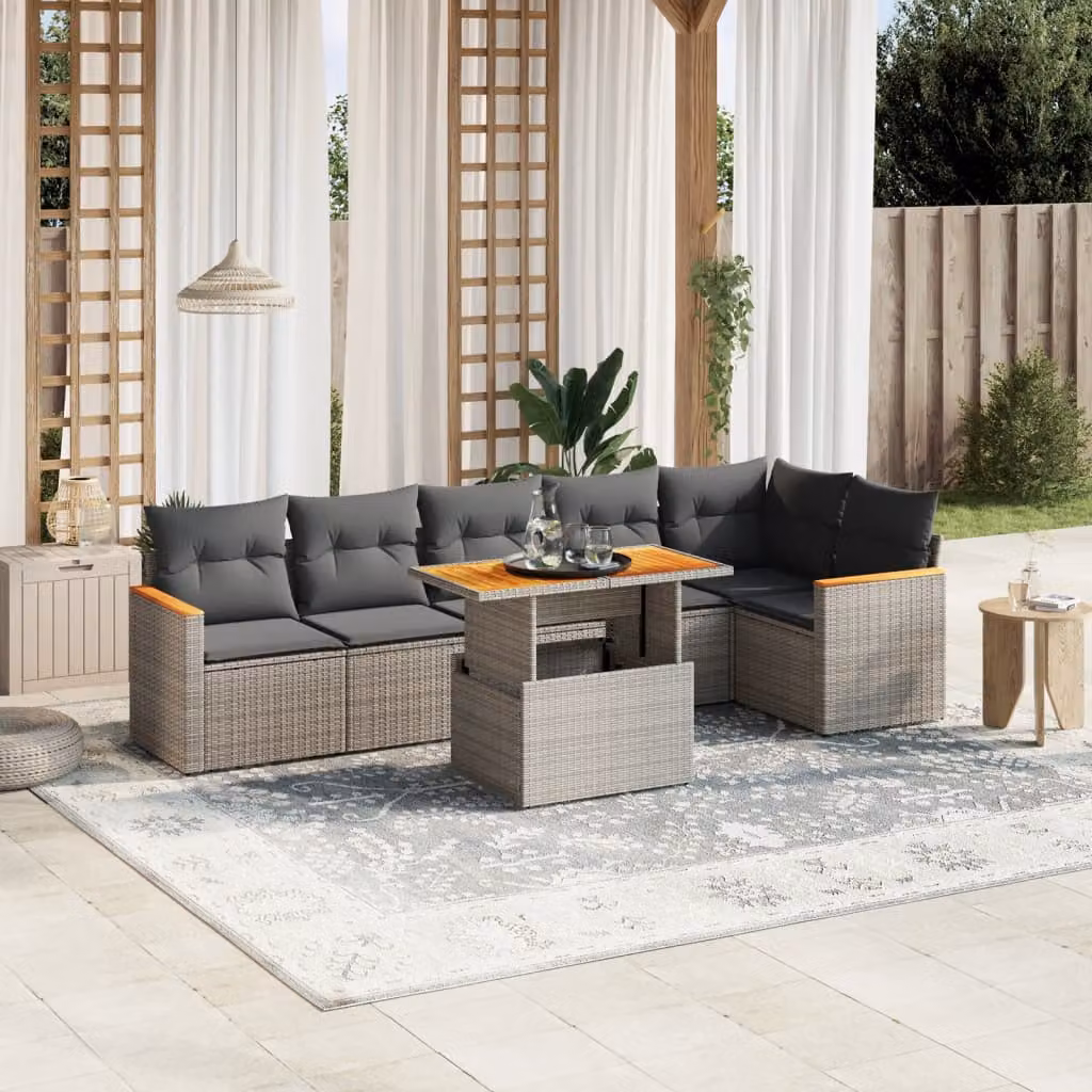 Set di divani da giardino vidaXL a forma di L composto da 7 pezzi con cuscini grigi in polyrattan e tavolino da esterno – 1