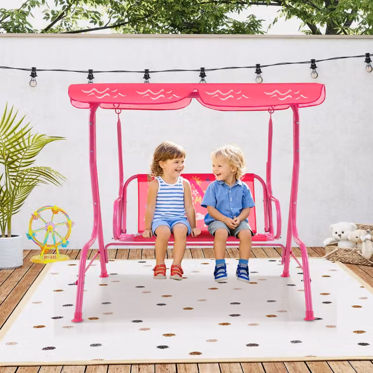 Altalena da esterno per bambini Costway in metallo con modelli cartoon rosa