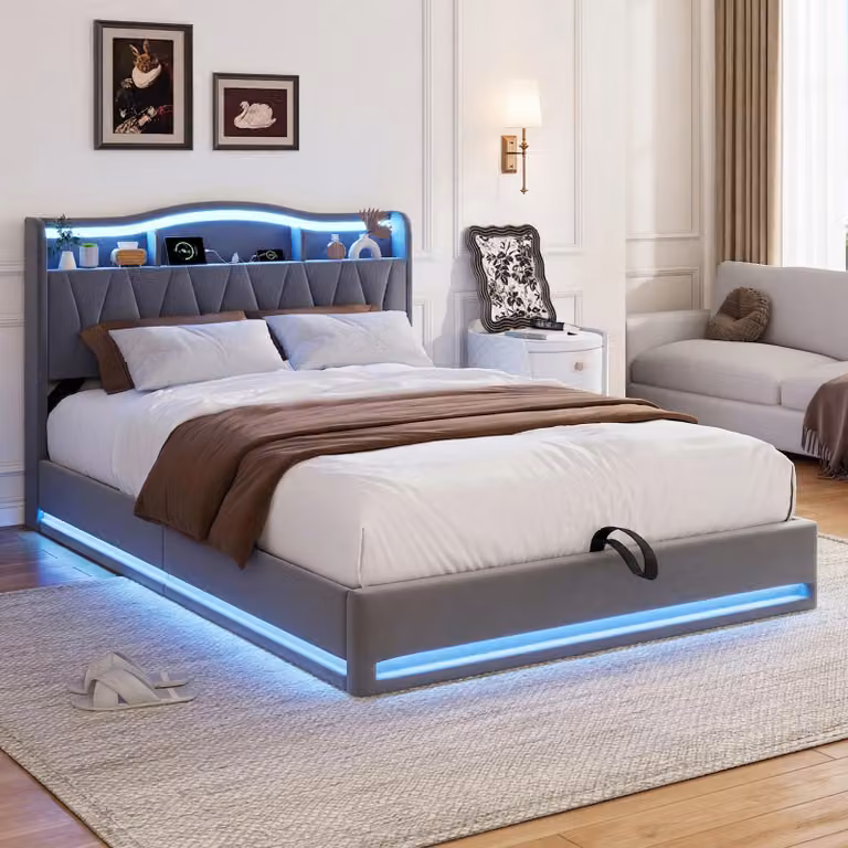 Letto imbottito UnboxG, 140x200 cm, con spazio contenitore, illuminazione LED, stazione di ricarica USB e ripiano integrato nella testiera – Letto con sistema di sollevamento idraulico e contenitore