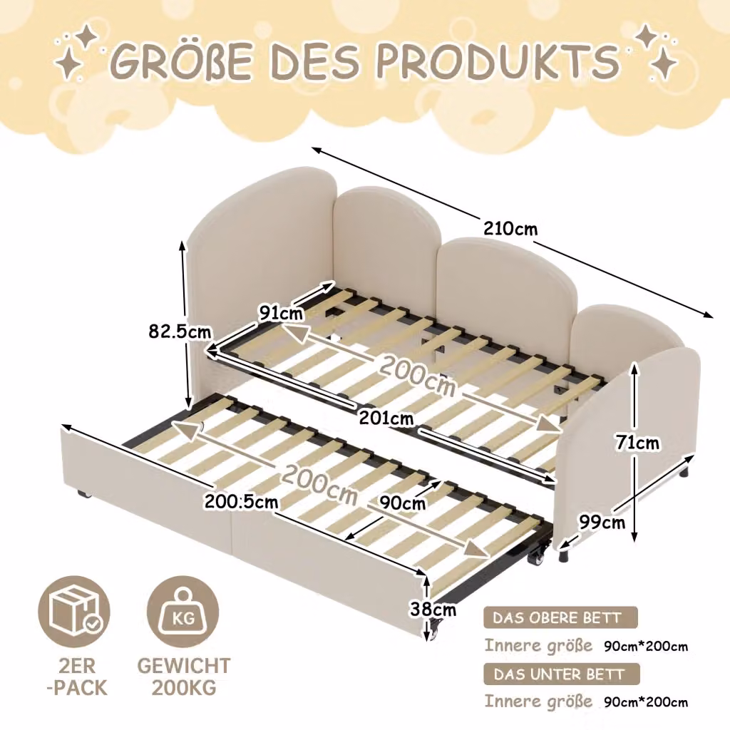 Daybed moderno in velluto beige con cassetti per cameretta bambini L/P/H: 200 x 90 cm – 2