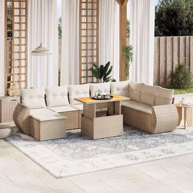 vidaXL Set Divano da Giardino a L 9 pz in Polyrattan con Cuscini Beige e Tavolino