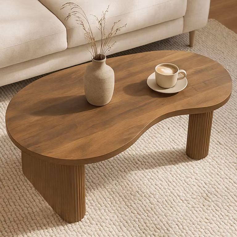 Tavolino HWC-O29, tavolino da divano, forma organica in legno melaminico, 45x110x60cm ~ aspetto legno marrone
