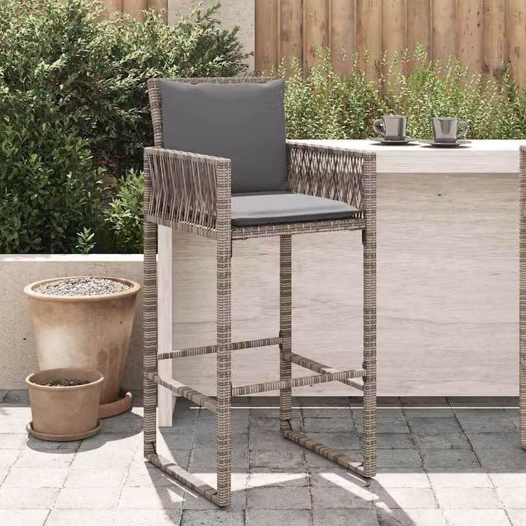 Set di 2 sgabelli da bar vidaXL in polyrattan grigi con cuscini per giardino