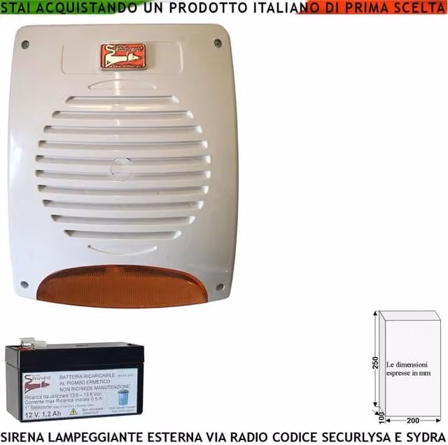 Sirena Radio Frequenza 433,92 MHz Bidirezionale Lampeggiante Led Esterna Anti Jamming Codici Batteria 12V 1,2 Ah Antifurto SecurLisa Tromba 120 dB Segnala Stato Allarme x Manomissione 3,5 Minuti IP34