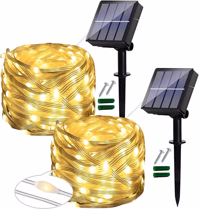 Catena luminosa solare, 12 metri, 120 LED, luce calda, confezione da 2, impermeabile