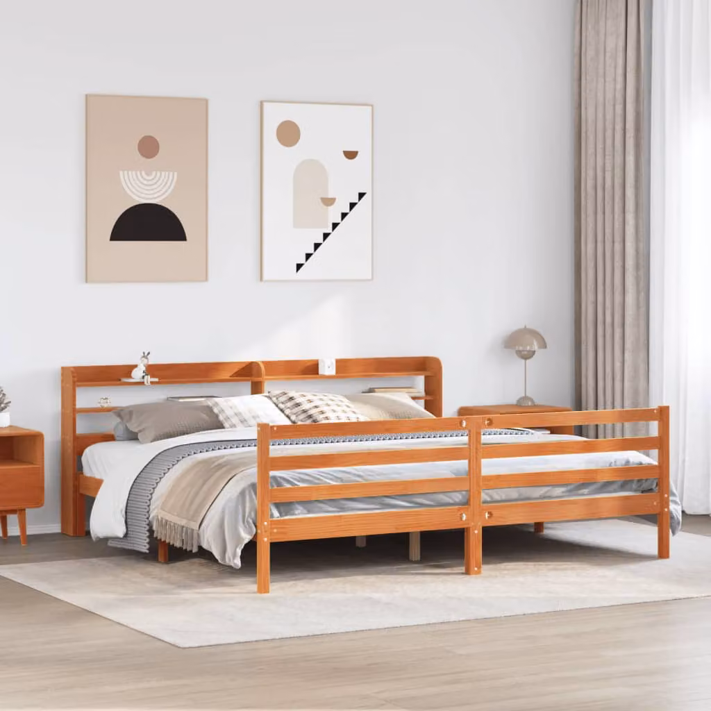 Letto vidaXL in legno di pino massiccio con finitura cerata marrone e scomparti laterali L/P/H: 200 x 200 x 82 cm – 1