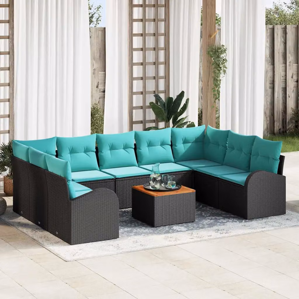 vidaXL Set Divano da Giardino a forma di U in Polyrattan con 10 Pezzi, Nero e Turchese, con Tavolino e Cuscini inclusi