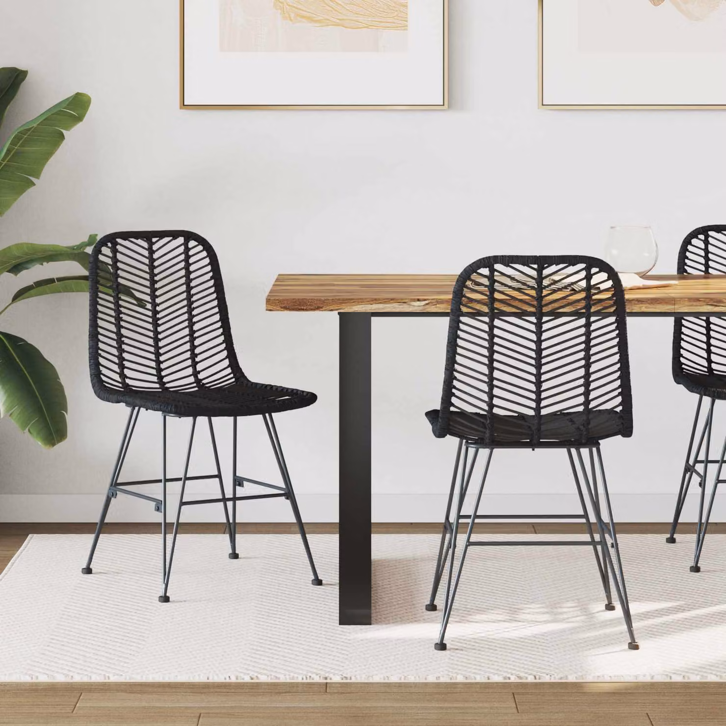 Set di 2 sedie da pranzo vidaXL in rattan e metallo nero, stile moderno per cucina e soggiorno, L/P/H: 44 x 54 x 85 cm – 1
