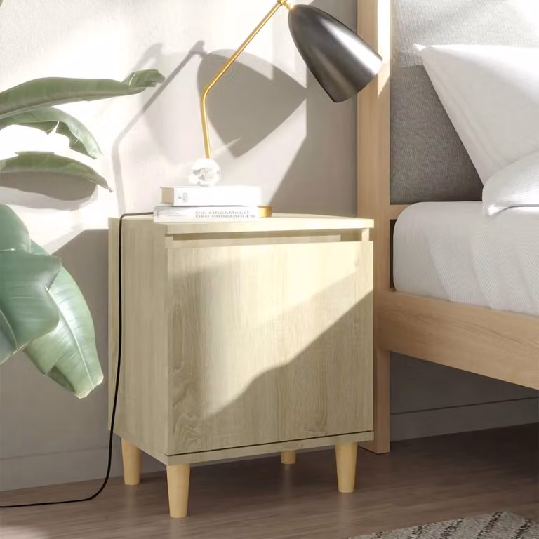 Comodino vidaXL in stile scandinavo con gambe in legno di eucalipto, colore beige e marrone, L: 40 cm, P: 35 cm, H: 50 cm