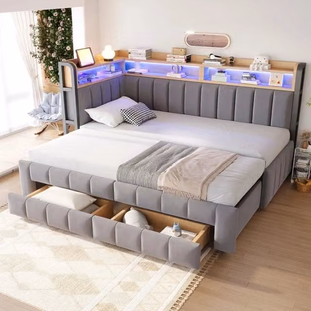 Letto imbottito con cassetti e LED ¨C Minimal ¨C grigio chiaro velluto 90x200 cm estraibile 180x200 cm