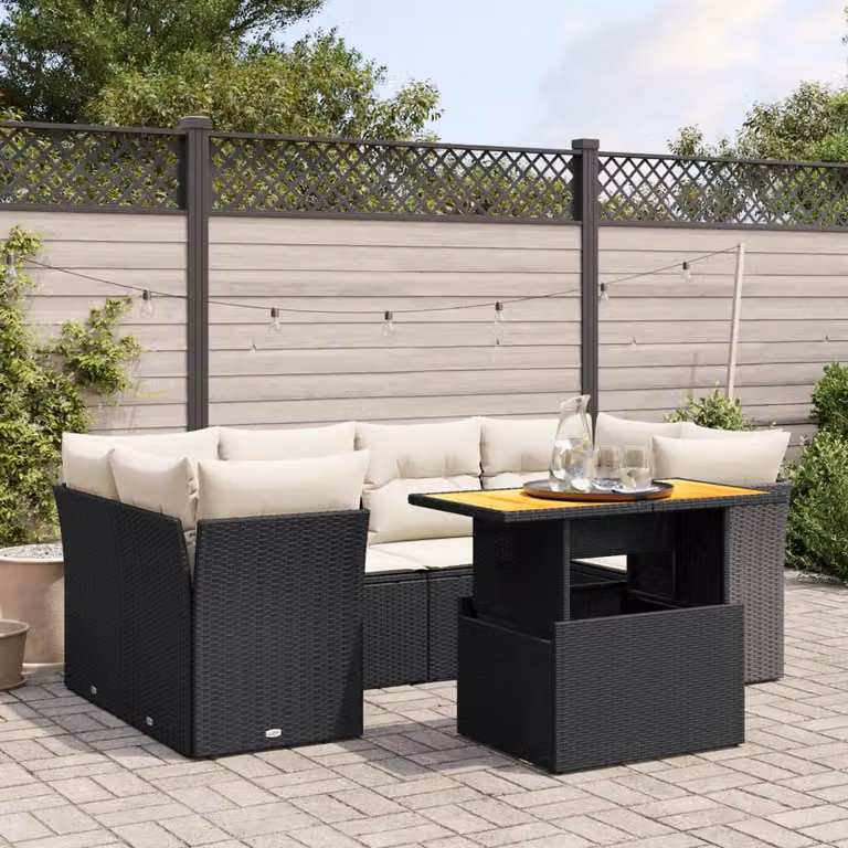 Set Divani da Giardino a L vidaXL in Polyrattan Nero con Cuscini e Tavolino da Esterno