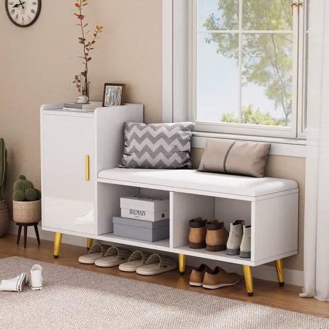 Scarpiere d'ingresso Zephmum con seduta imbottita, Bianco lucido, L: 71.5 cm, P: 35.0 cm, H: 35.0 cm