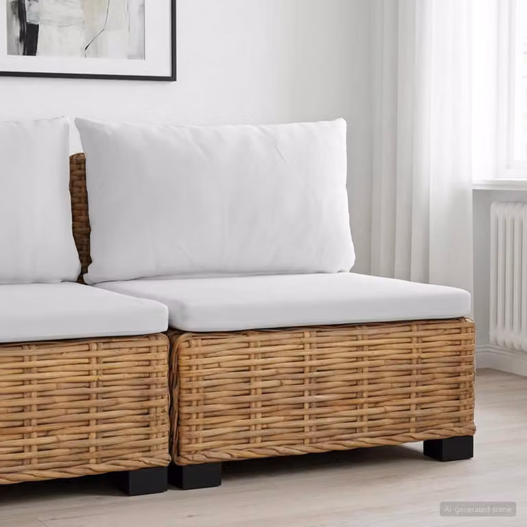 Divano angolare vidaXL GENDT in rattan naturale e legno con cuscini imbottiti beige e bianco per giardino e soggiorno