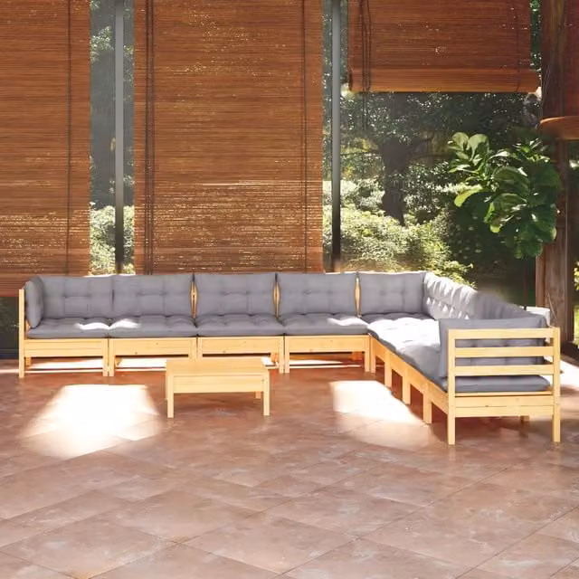 Set Divani da Giardino 10 pz con Cuscini Grigi Massello di Pino 3096820