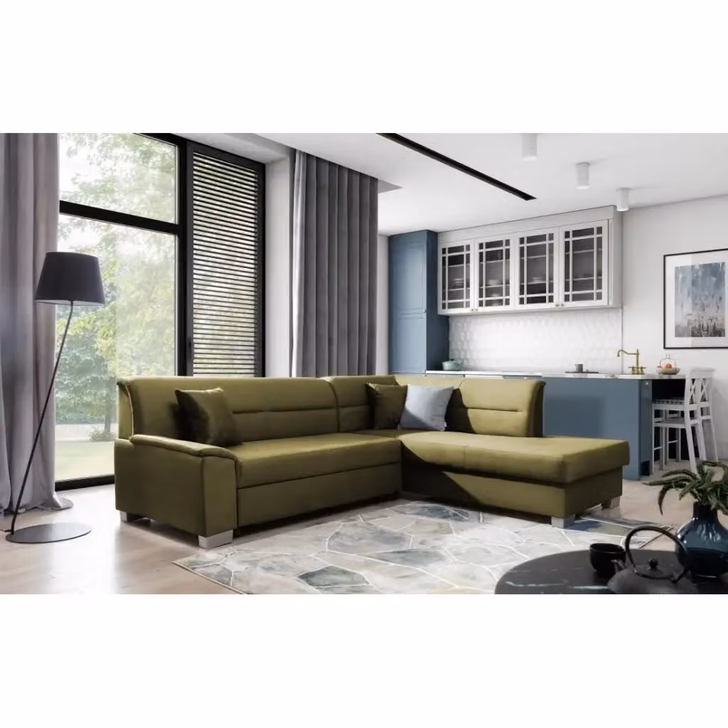 Divano angolare convertibile TROMSO MEUBLORAMA verde effetto velluto con angolo destro e contenitore L/P/H: 247 x 141 x 83 cm – 2