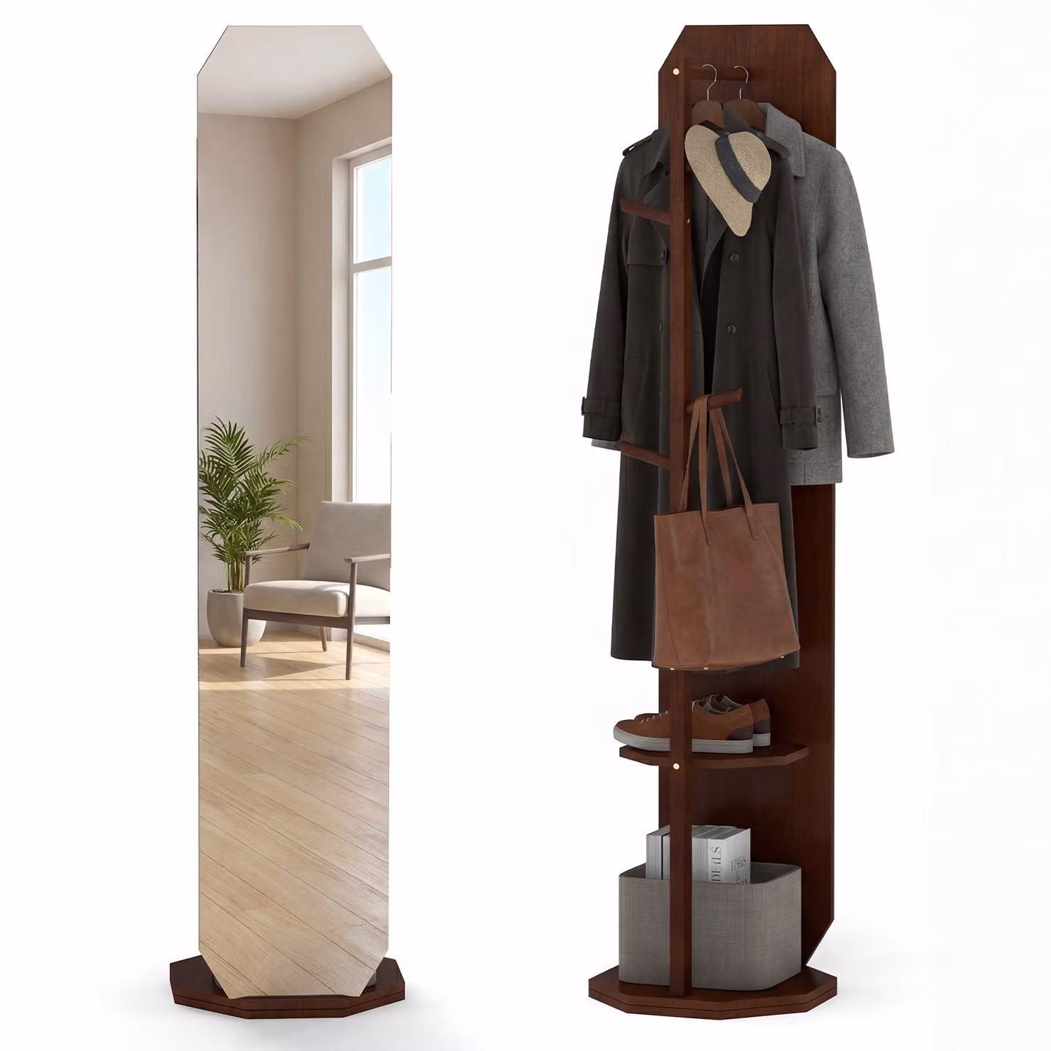 Costway Appendiabiti Girevole a 360 con Specchio Intero e Ripiani, Mobile da Ingresso per Soggiorno o Camera da Letto, Colore Marrone, L 32 cm x H 163 cm