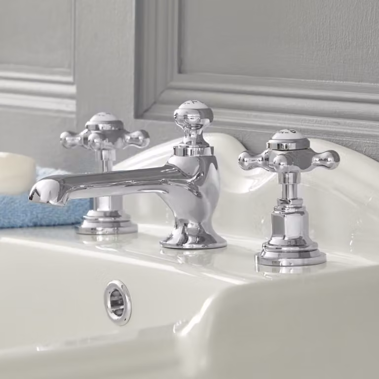 Rubinetto Lavabo a 3 Fori Miscelatore a Croce Design Tradizionale Cromo e Bianco - Elizabeth