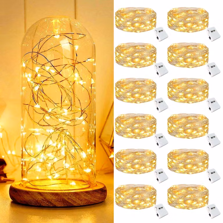 Catena luminosa a LED, mini, 12 luci, luce bianco caldo, alimentata a batteria, impermeabile