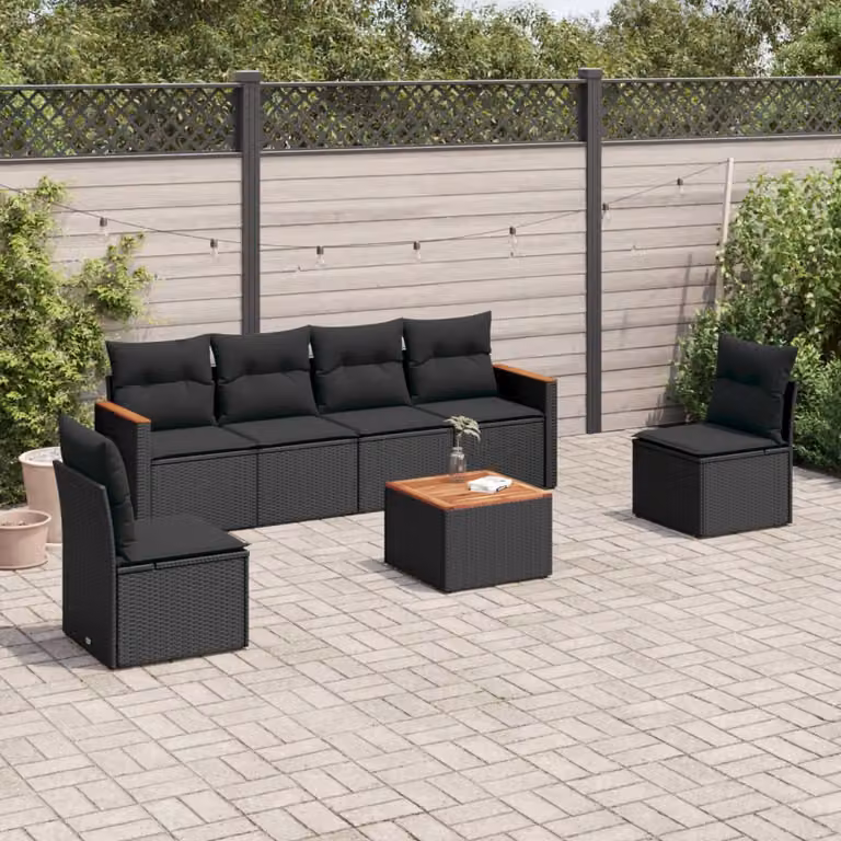 Set di Divani da Giardino vidaXL in Polyrattan Nero con 7 Cuscini e Tavolino da Esterno