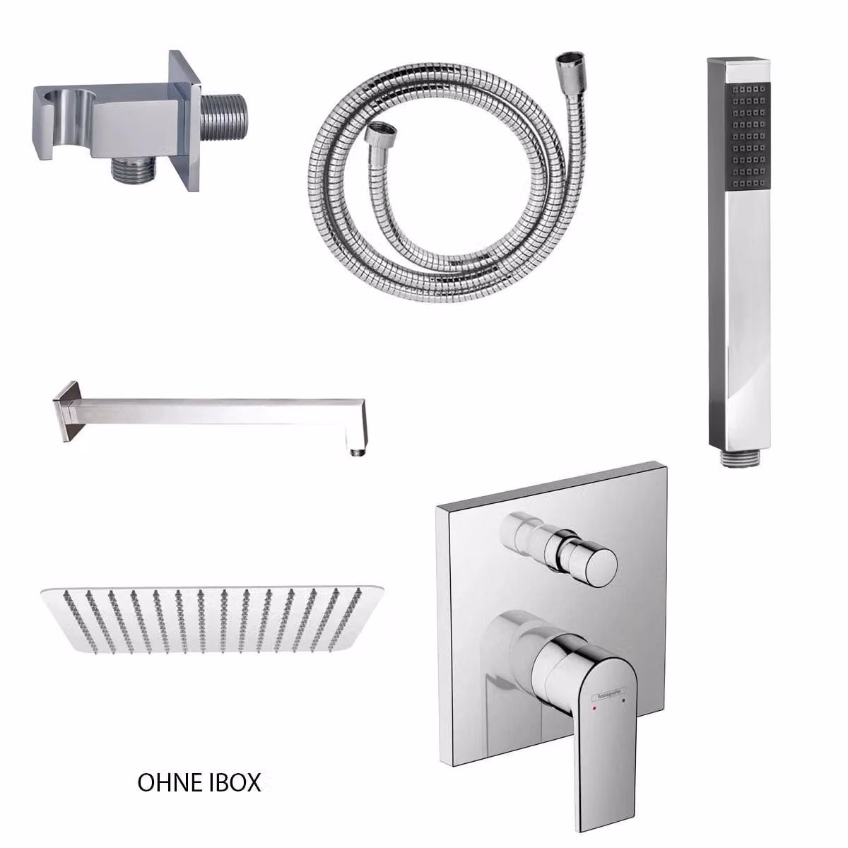 Set doccia incasso Belvit nero con doccia a pioggia 30x30 cm, doccetta, gomito di collegamento alla parete e miscelatore per vasca - sistema completo per bagni moderni
