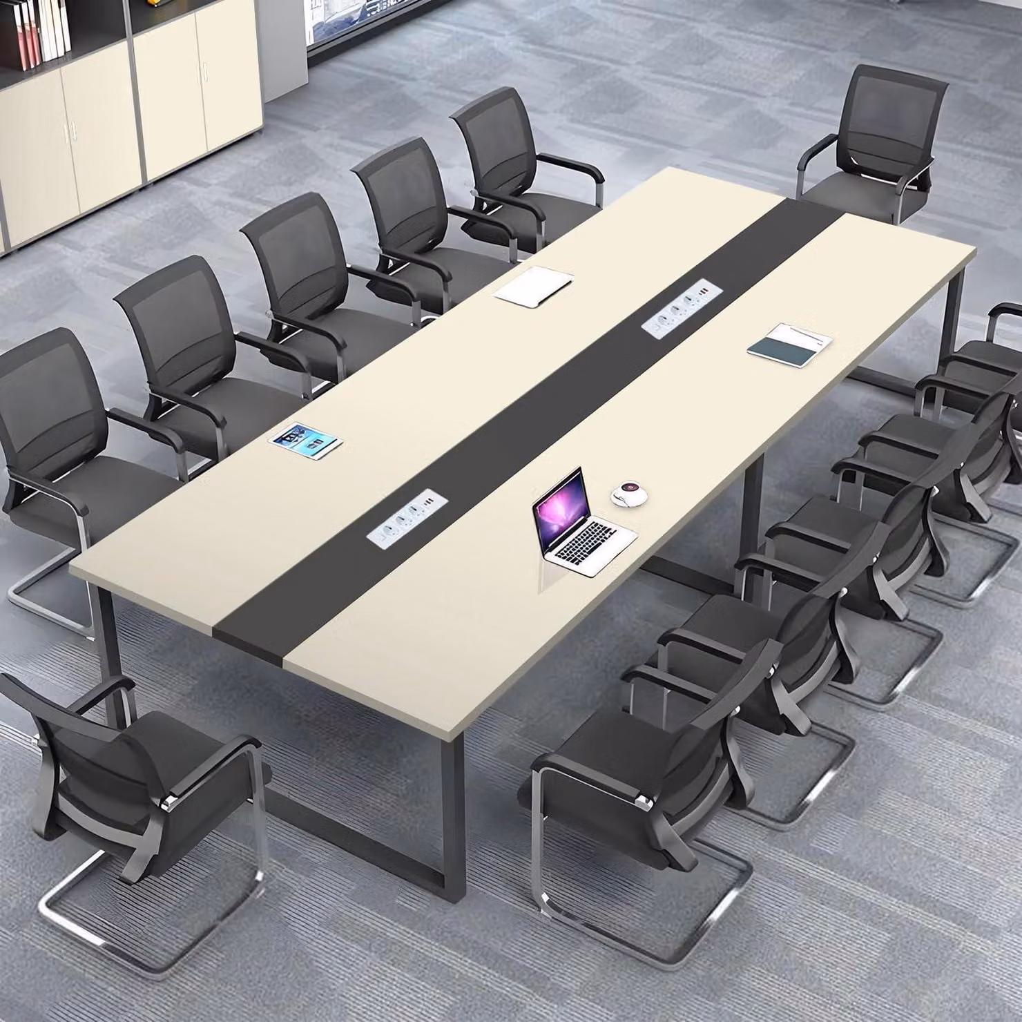 Tavolo da conferenza con sistema di gestione dei cavi, dimensioni 200x80x74 cm, design moderno, ideale per l'ufficio