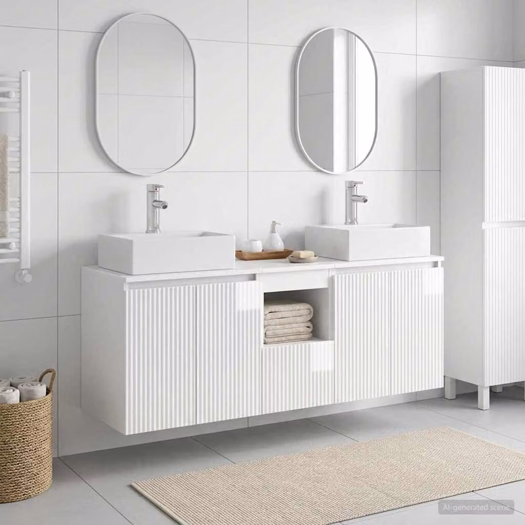 Set di mobili da bagno moderno vidaXL in bianco lucido composto da 3 pezzi, L: 129 cm, P: 41 cm, H: 79.5 cm