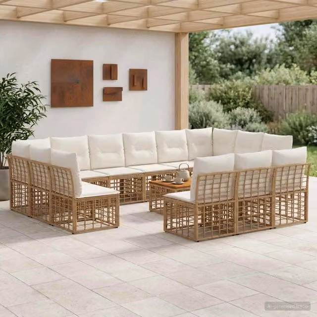 Set di divani da esterno 14 pz 13-Posti Naturale e Bianco Crema 3437584
