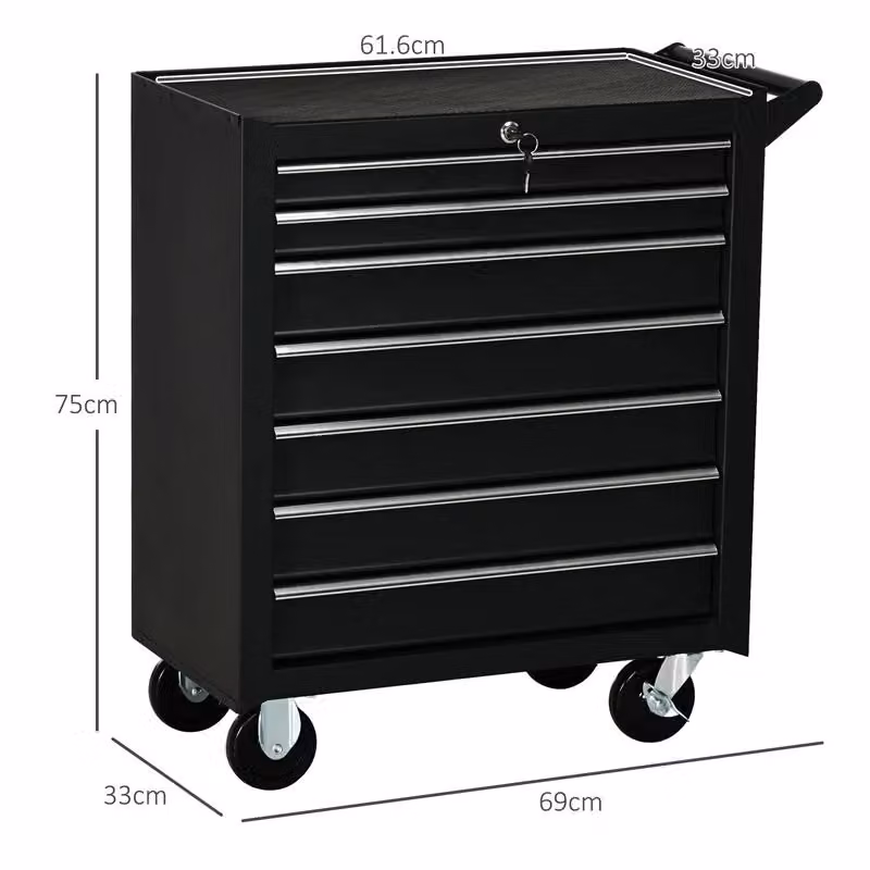 Carrello da officina in acciaio con 7 cassetti, serratura con chiavi, ruote e maniglia, colore nero, L: 69 cm, P: 33 cm, H: 75 cm – 2