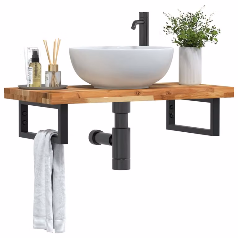 vidaXL Ripiano a Parete per Lavabo in Acacia e Acciaio, Nero e Marrone, L: 40 cm, P: 19 cm, H: 3 cm