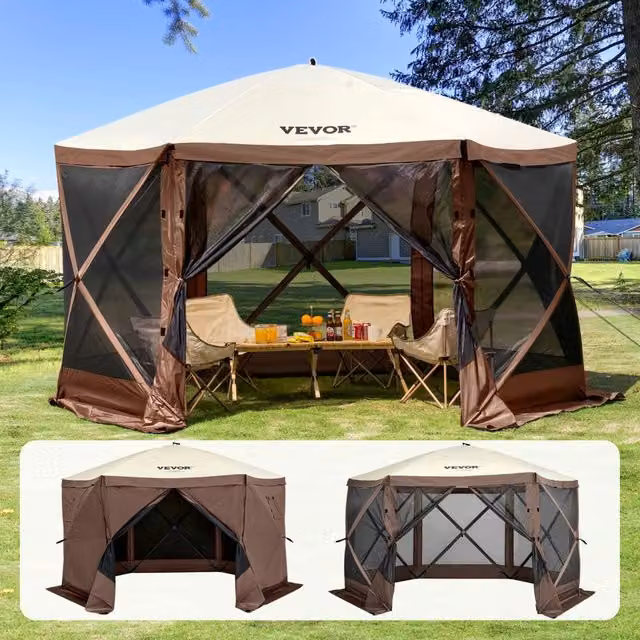 Gazebo Pop-Up a 6 Lati 120922, Tenda da Giardino con Zanzariera e 6 Teli Antivento, Impermeabile, per Campeggio ed Esterno, 3,81 x 3,81 m, Marrone