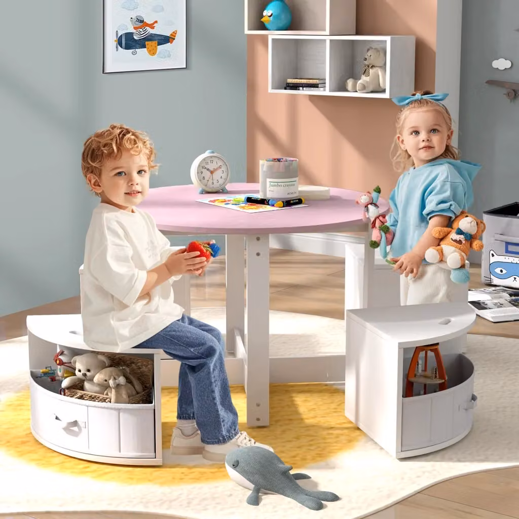 Set tavolo e sedie per bambini composto da tavolo rotondo e 4 sgabelli con ripiano e 4 cassetti in tessuto, Rosa e bianco – 2