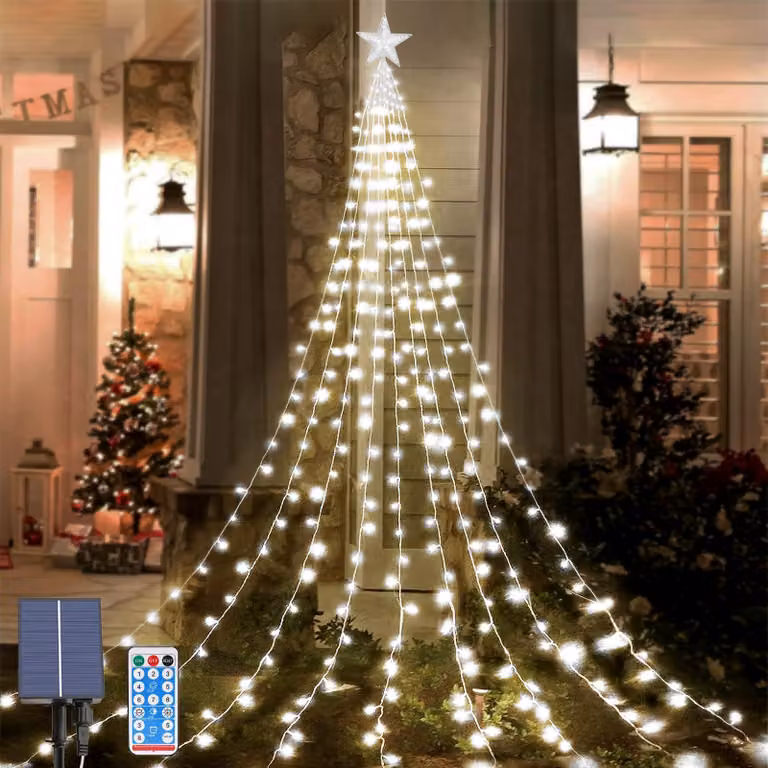 Catena luminosa solare, 2 metri, 9 fili, 198 LED, 8 modalità, ideale per l'albero di Natale