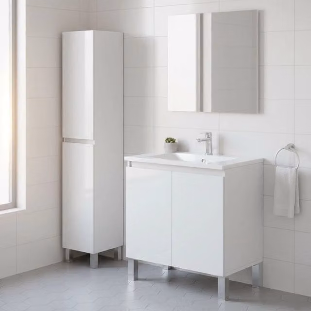Set Mobili Bagno DMORA Moderno Bianco Lucido con Mobile Lavabo e Colonna con Ante a Battente e Ripiani Interni H: 182 cm, L: 60 cm, P: 40 cm – 1