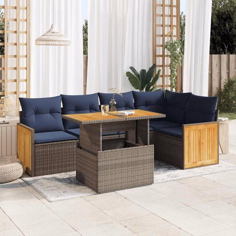 Set Divano da Giardino a L vidaXL in Polyrattan e Legno di Acacia con Cuscini, Grigio e Blu