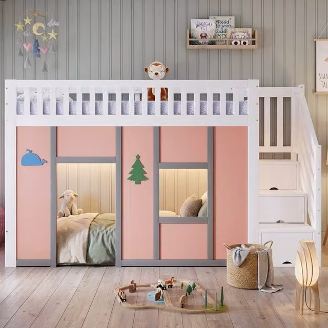 letto a castello in legno massiccio e mdf bianco rosa 90 x 200 cm