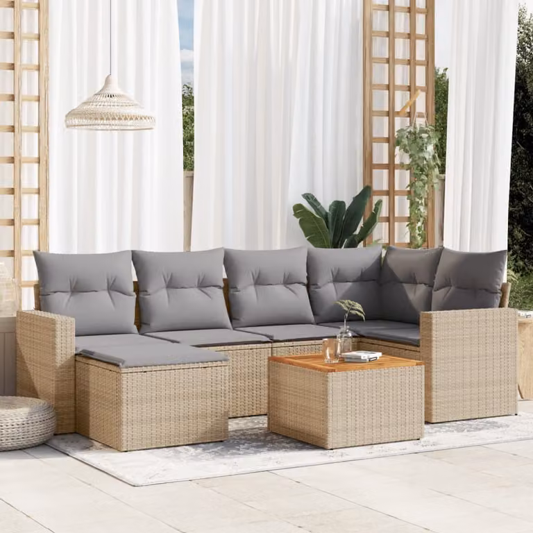 vidaXL Set Divani da Giardino 7 pz a L in Polyrattan con Cuscini Beige e Grigio