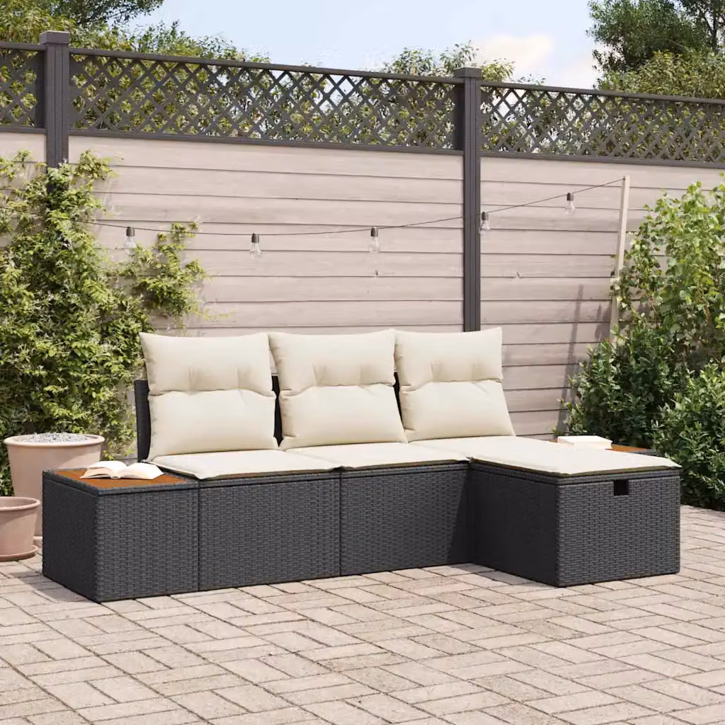 Set Divano da Giardino a L vidaXL in Polyrattan Nero con Cuscini e Ottoman – 1