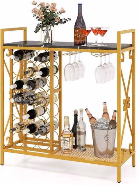 Portavino Design Mania in metallo e legno con portabottiglie e portabicchieri, colore oro, L: 93 cm, P: 38 cm, H: 102 cm – 1