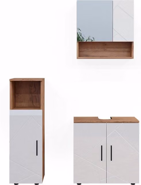 Set di mobili da bagno Irma Bianco lucido/Rovere dorato 3 pezzi Vicco