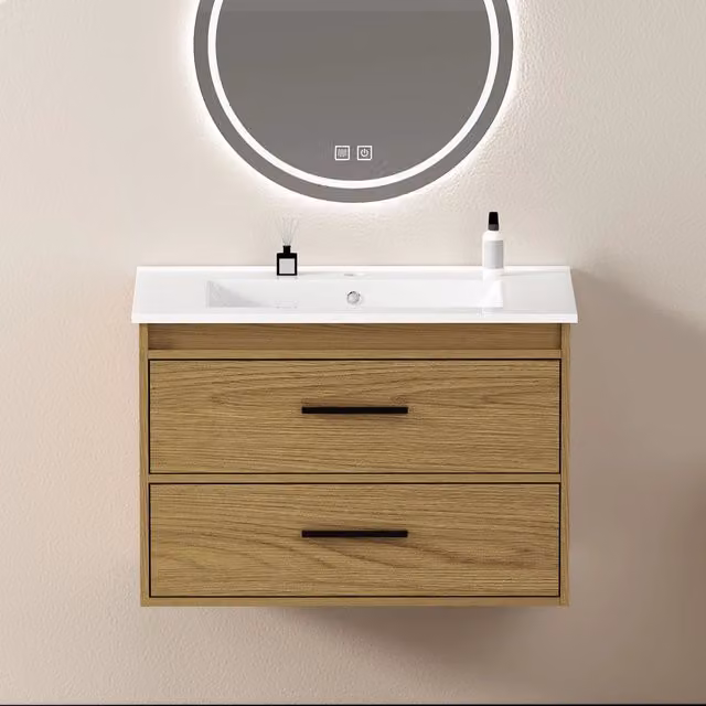 Mobile bagno sospeso in rovere chiaro con due cassetti e lavabo in ceramica