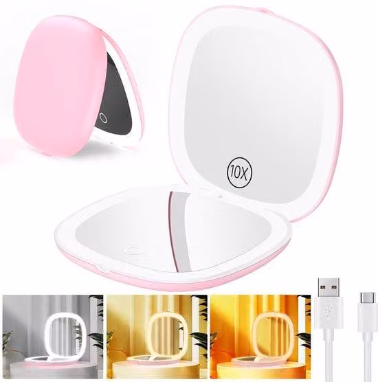 Specchio compatto da 3,9" con ingrandimento 1x/10x, 3 colori di luce, rosa