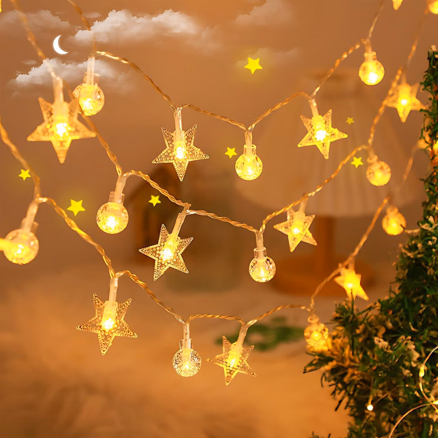 Catena luminosa con stelle e palline, 3 metri, 20 LED, alimentata a batteria, con timer