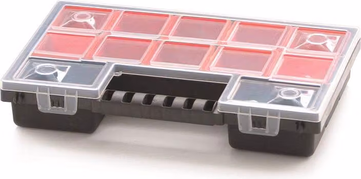 Plastový organizér 12 červených krabiček NORB 287x186x50 mm