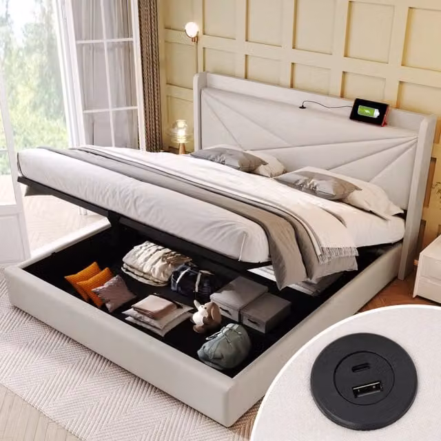Letto matrimoniale Mivray con contenitore e testiera imbottita beige, dotato di porta USB Type-C, L/P/H: 160 x 200 x 107 cm – 1